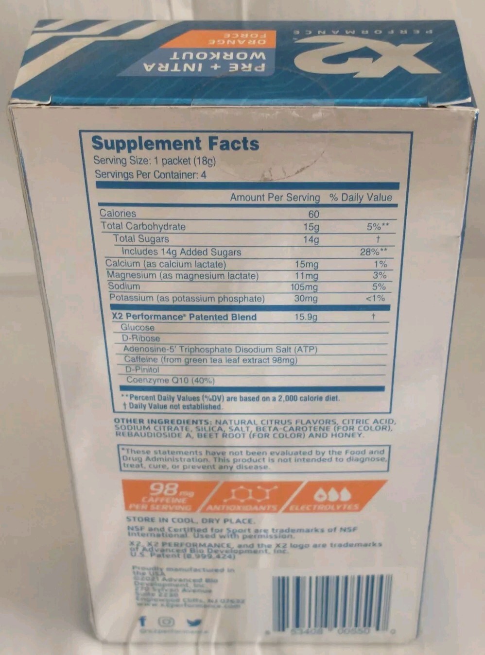 X2 Performance Pre + Intra Workout Powder Orange Force Drink Mix Packet LOT OF 3