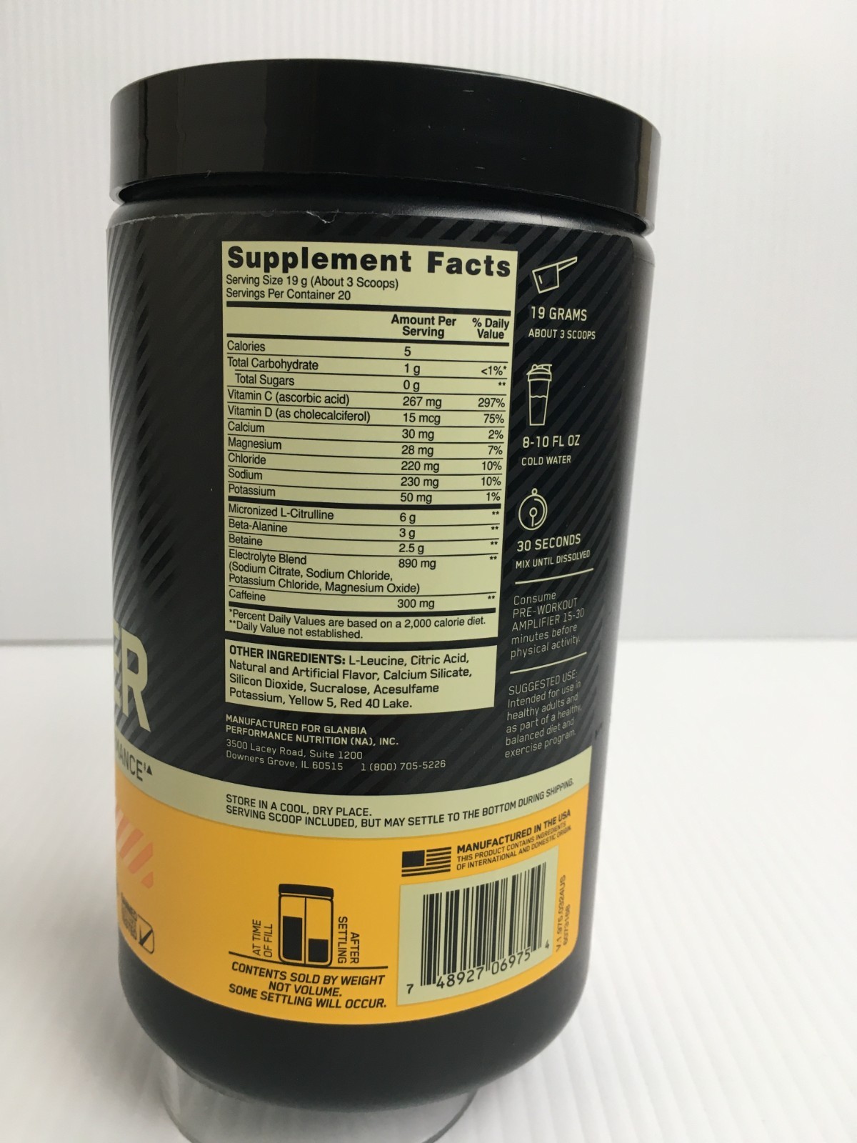 Optimum Nutrition Amplifier Pre-Workout Citrus Mango 20 Servings 300mg Caffeine