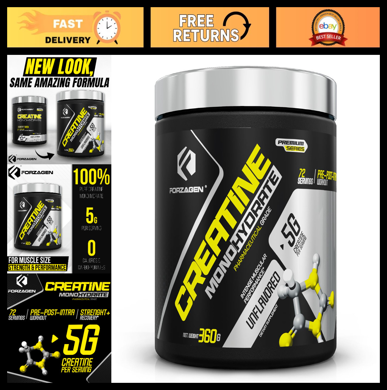 Micronized Creatine Monohydrate Powder – Unflavored, Muscle Gain, 72 Servings