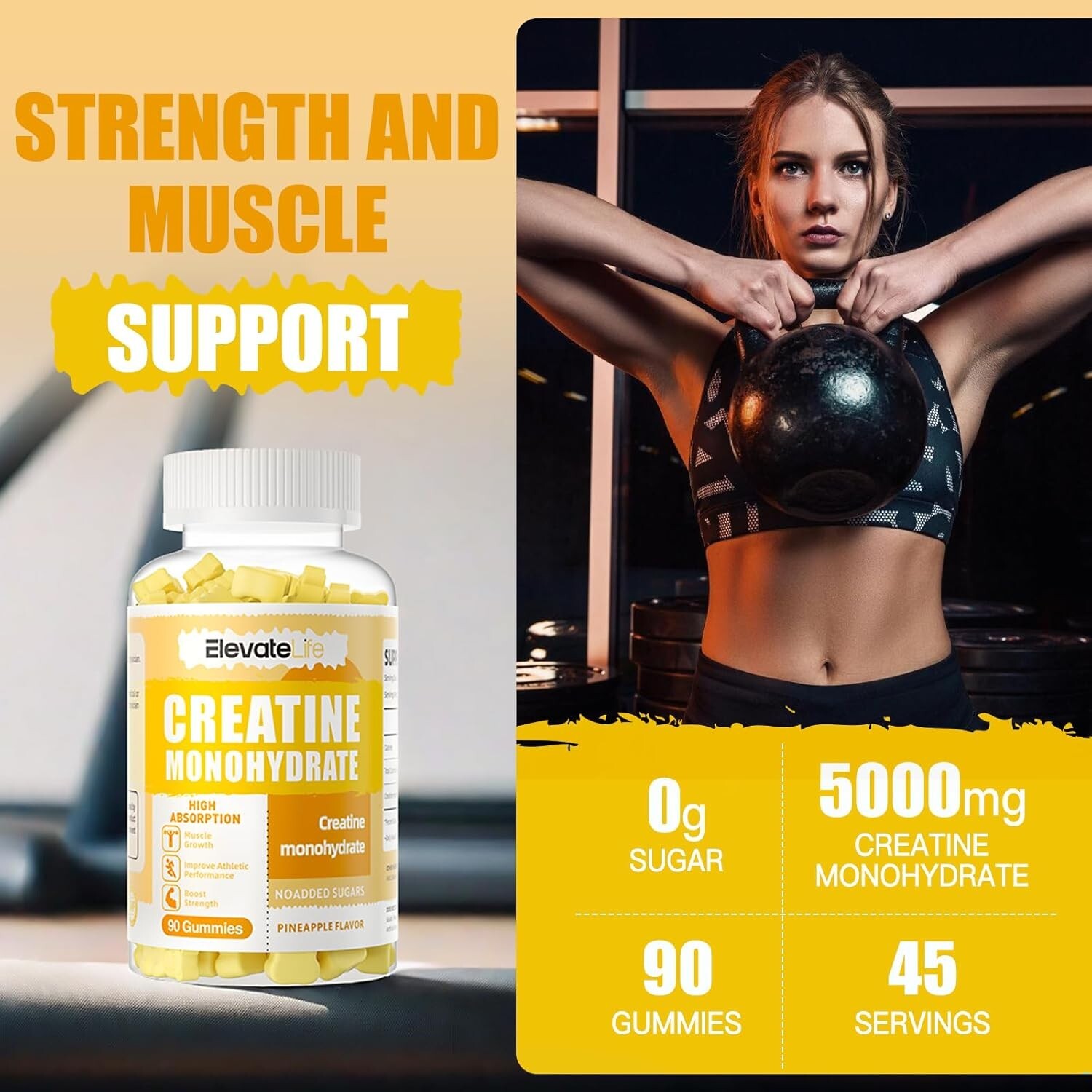 ElevateLife Creatine Monohydrate Gummies 5000mg for Men & Women Chewable 90
