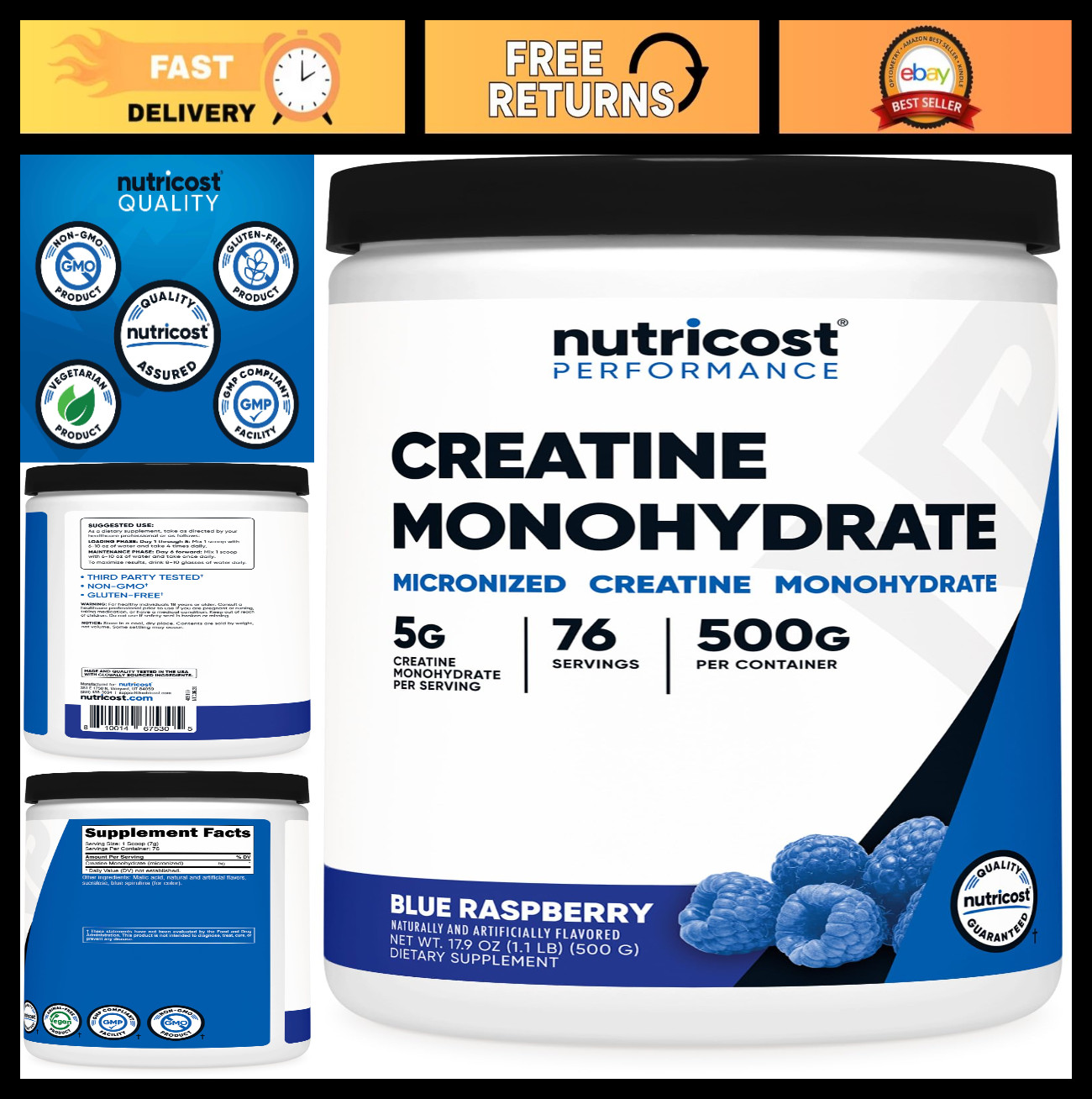 Creatine Monohydrate Powder – Blue Raspberry Flavor, 500g, Muscle Gain & Energy