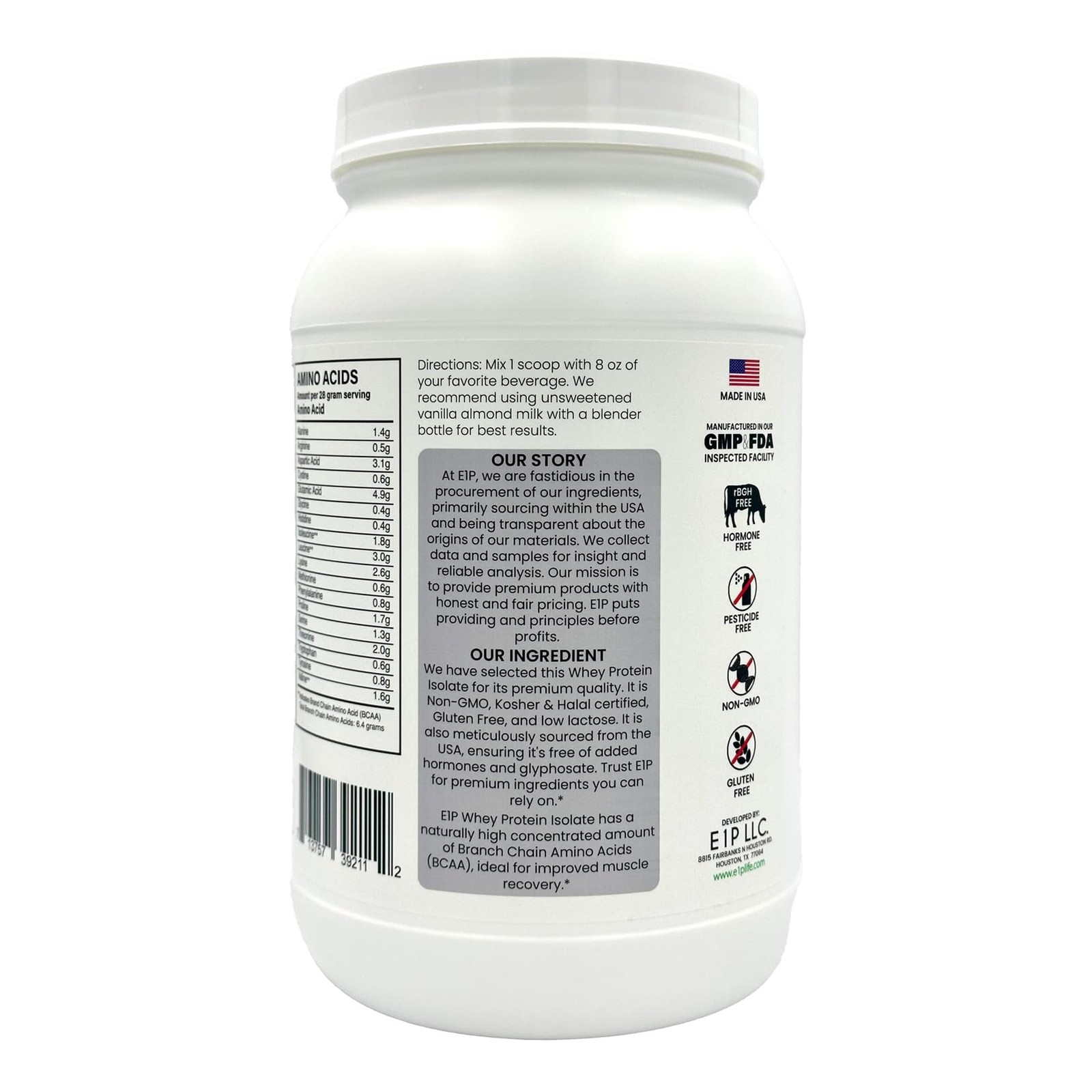 E1P Whey Protein Isolate 2lbs (32 Servings) Unflavored, Non-GMO, Cold-Processed,