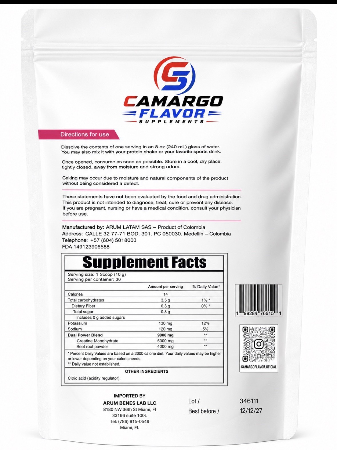 Camargo Flavor Supplements Creatine + Beet Root Powder Unflavored 10.5oz Vegan