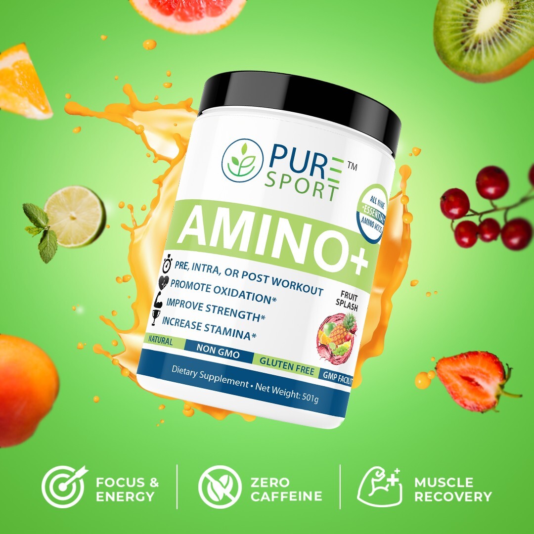 PURE Sport Amino+ All 9 essential Amino Acids (501g, 30 servings) Fruit Splash!