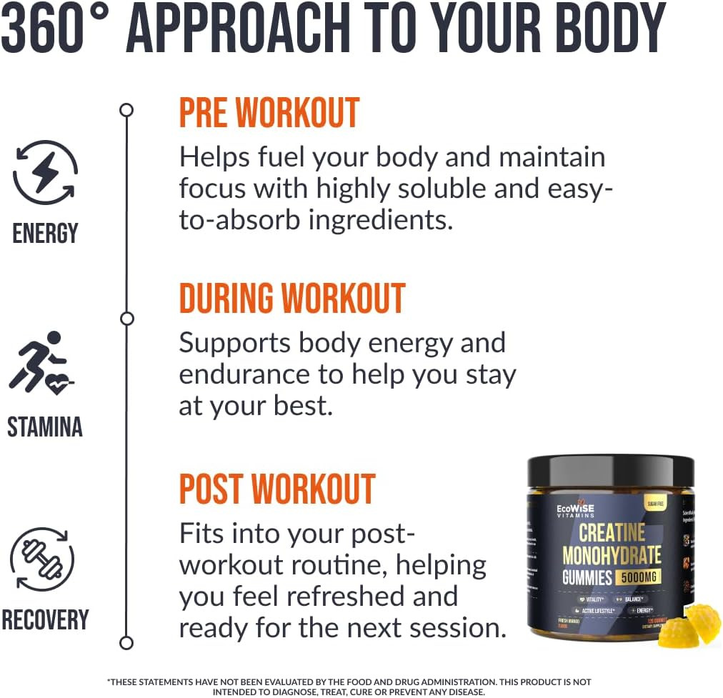 Creatine Monohydrate Gummies 5000 mg per Serving, Mango Flavor, with Turmeric Ro