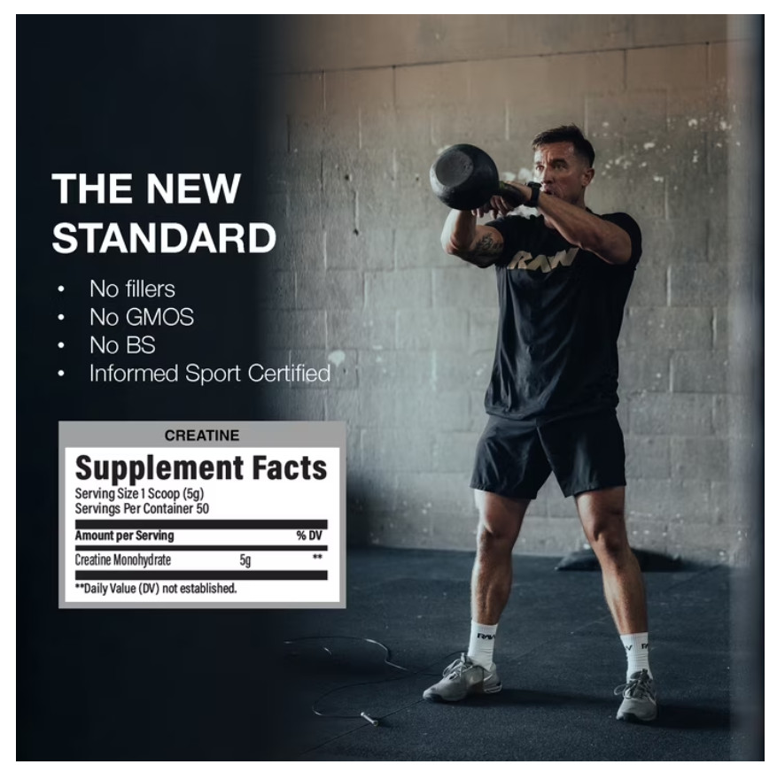 RAW Nutrition Essential 100% Pure Creatine Monohydrate Powder, Unflavored, 50