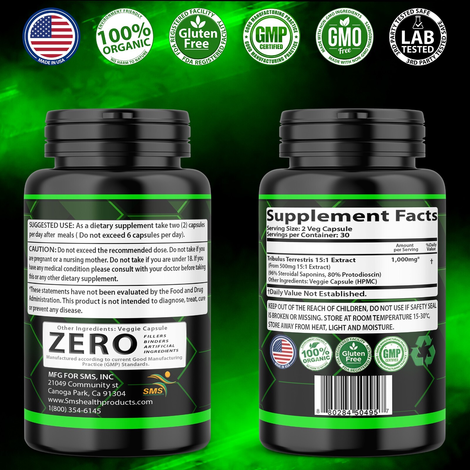 Pure Tribulus Terrestris Extract W/ 96% Saponins 60 Capsules, No Filler, Non-GMO