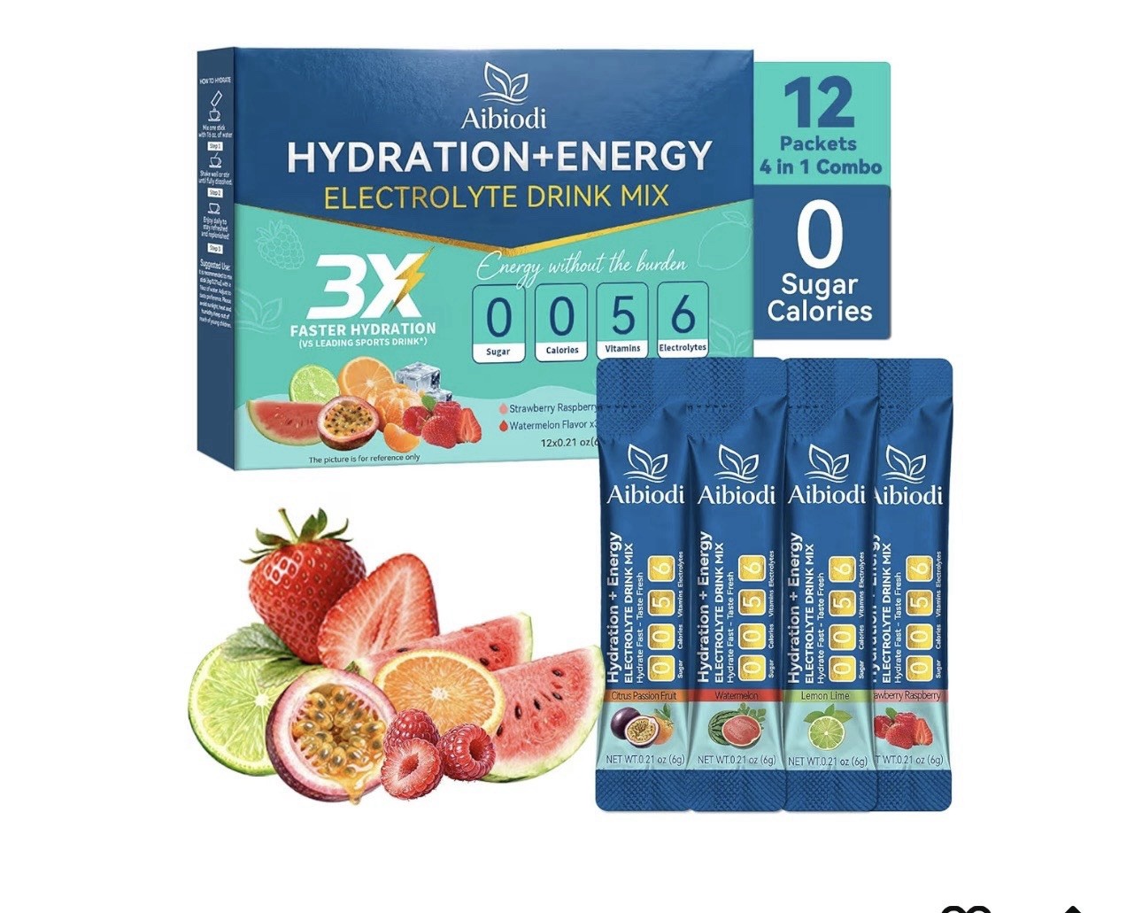 Aibiodi Hydration Energy Electrolyte Drink Mix 12 Pack Sugar-Free Zero Calorie