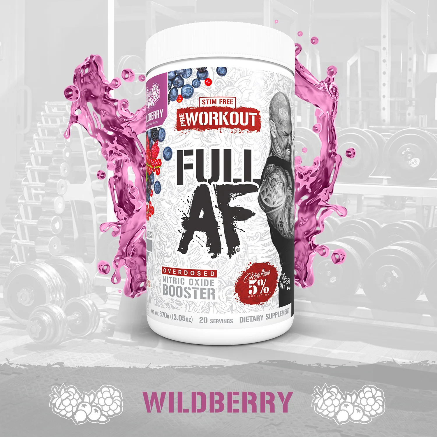 Full AF Pre-Workout Stim-Free Powder Supplement, Caffeine-Free Max Pumps, 20 Ser
