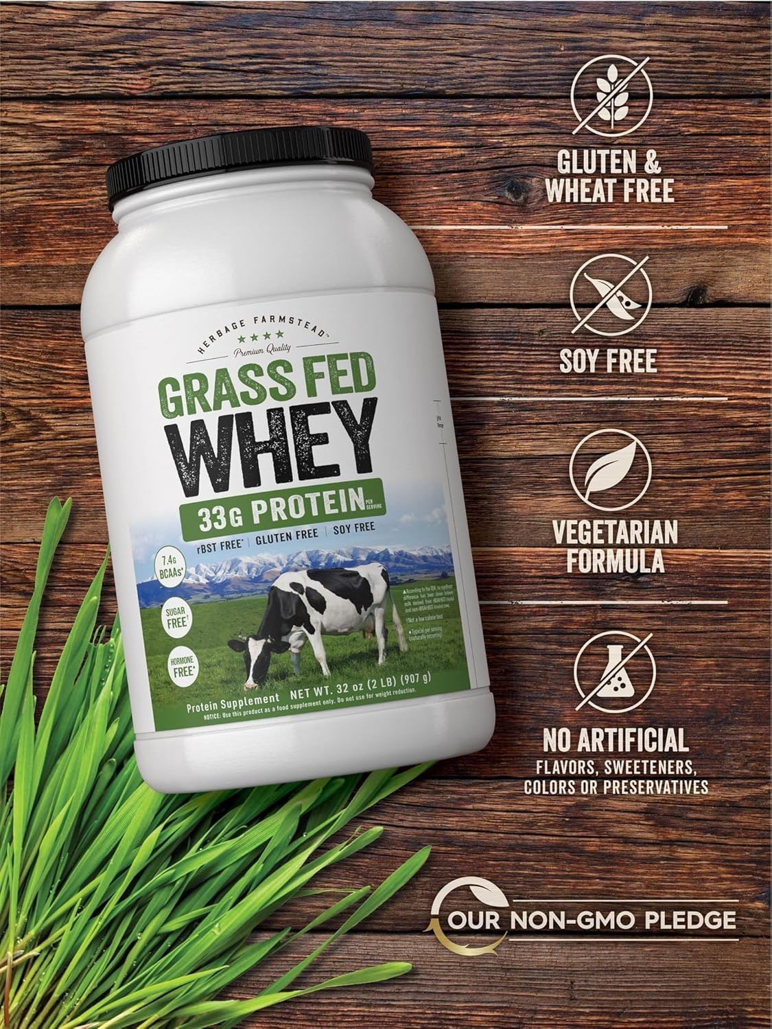 Grass Fed Whey Protein Powder 2lb Unflavored 33g Protein Non-GMO Gluten Free
