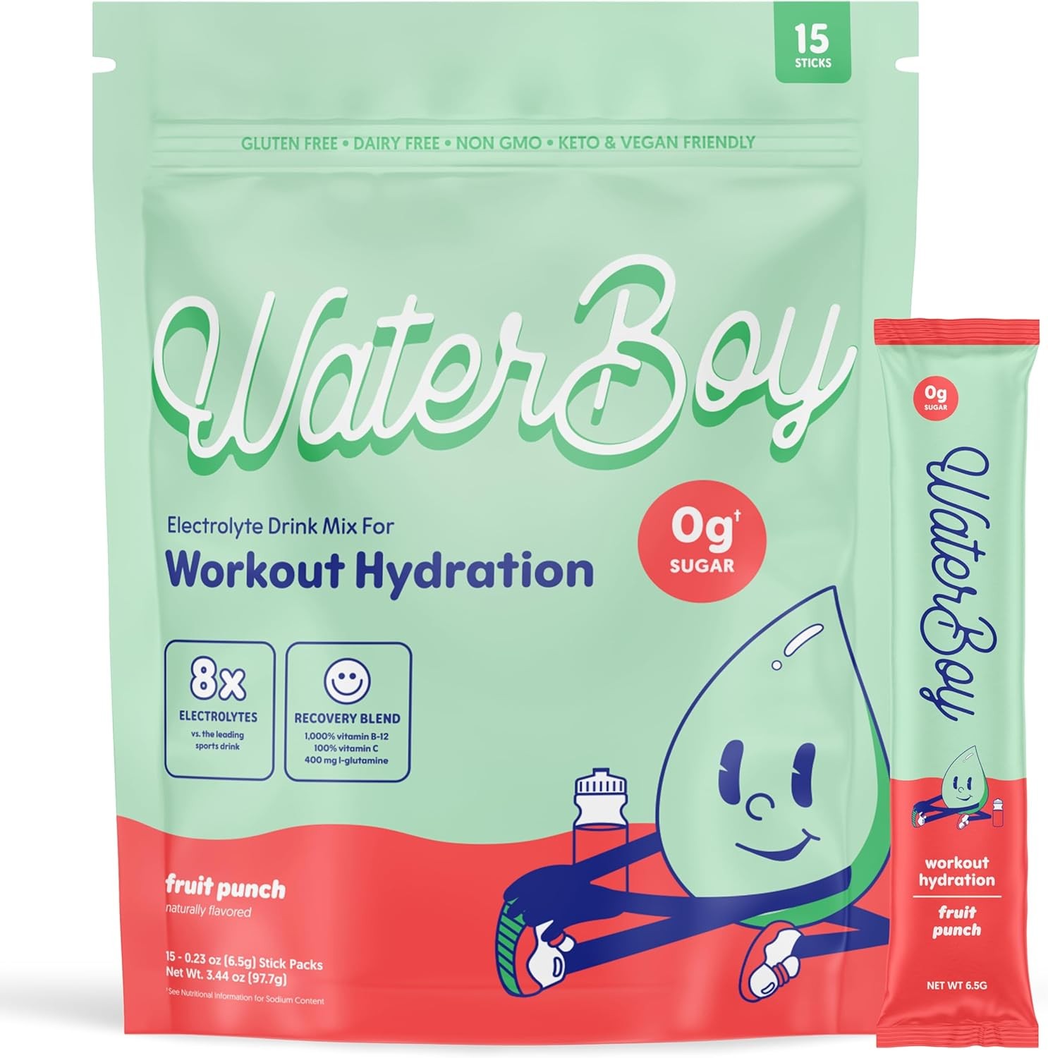 Waterboy Workout Hydration 2,960mg Sugar Free Electrolyte Powder Packets 15Stick