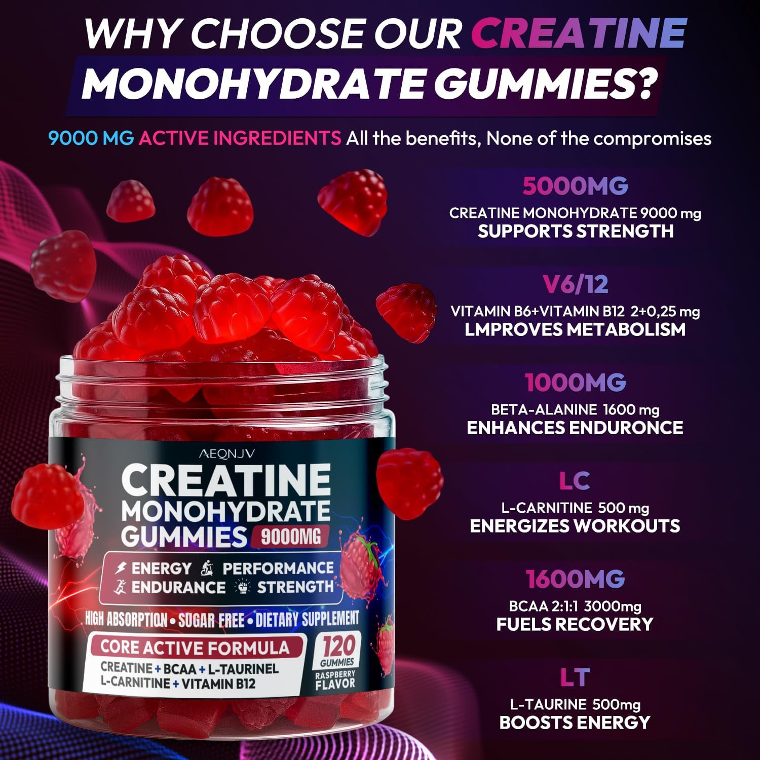 Creatine Gummies Monohydrate Complex 9000MG, Pre-Workout for Men & Women, Creati
