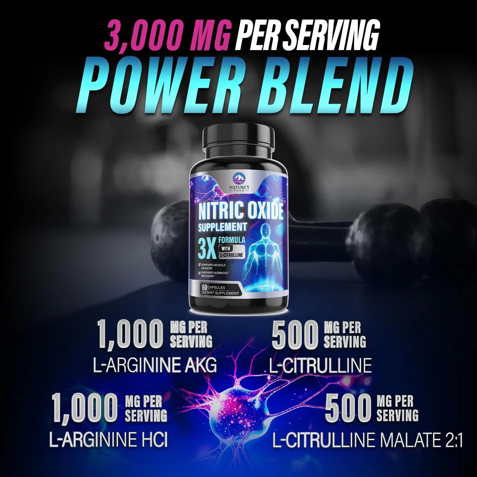Nitric Oxide Booster 3000mg L-Arginine 3X Extra Strength Capsules