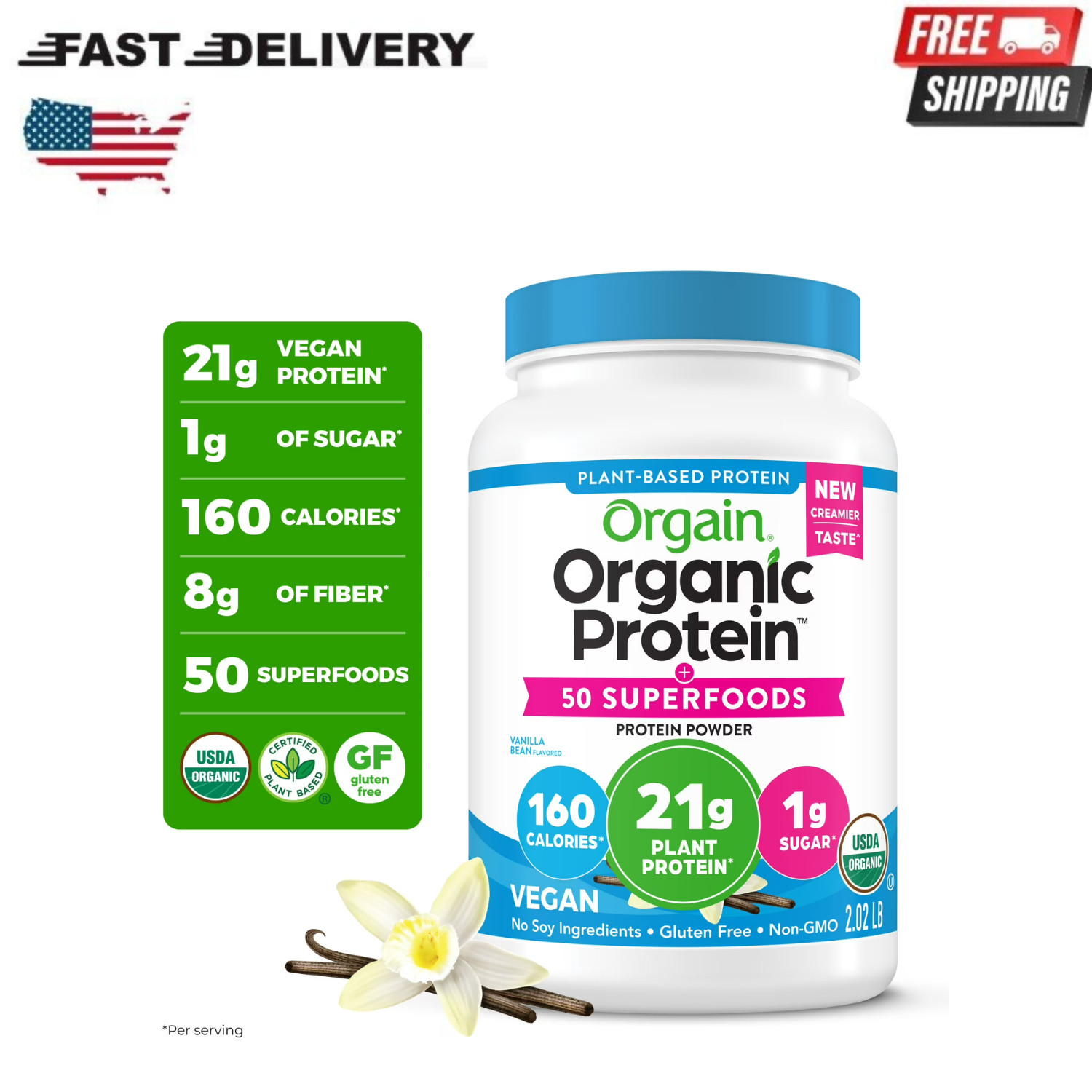 Orgain Organic Vegan 21g Protein Powder Vanilla Bean 2.02lb