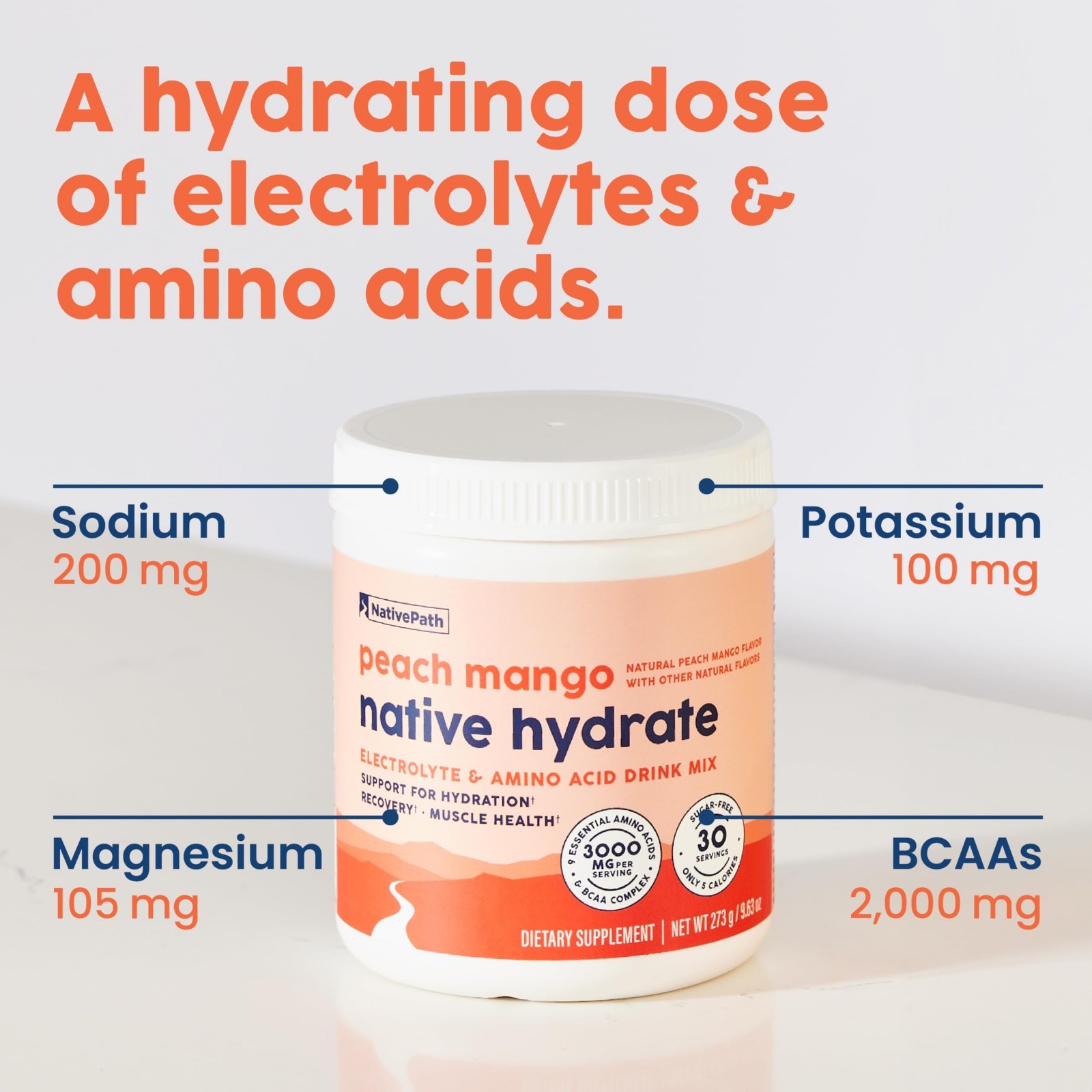 Electrolyte Powder with BCAAs, Zero Sugar, Peach Mango Flavor, Keto & Paleo, 30