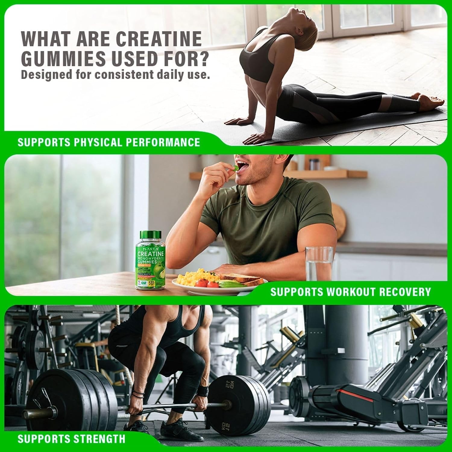 Creatine Monohydrate Gummies Sugar Free 5000mg 5g Per Serving Sour Green Apple