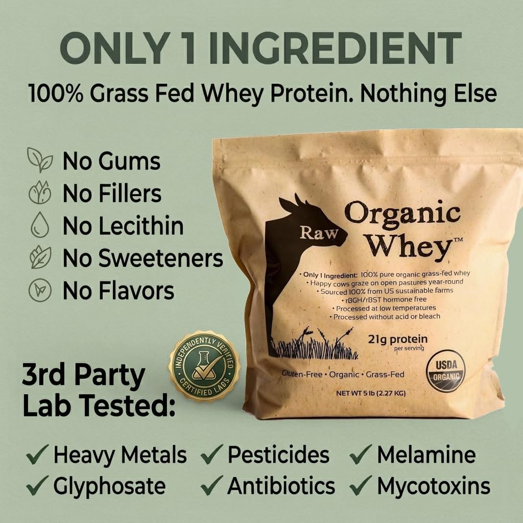 Raw Organic Unflavored Grass Fed 5 Pound Whey Protein Powder No Additives