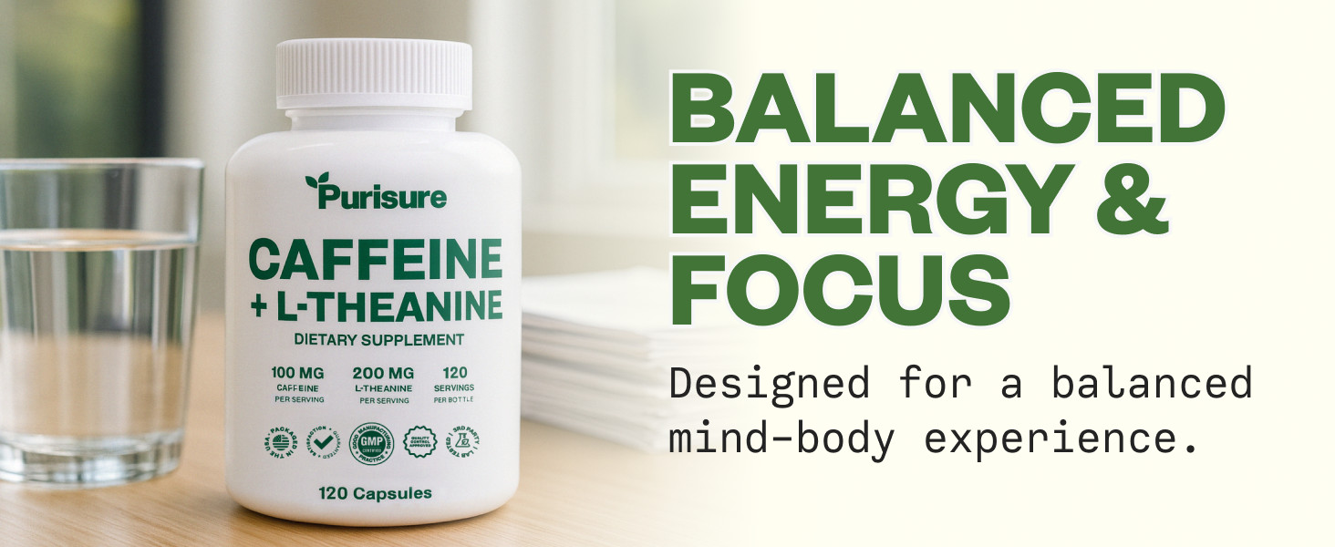 Purisure Caffeine Theanine Capsules, 100mg Caffeine + 200mg L-Theanine, 120 Days