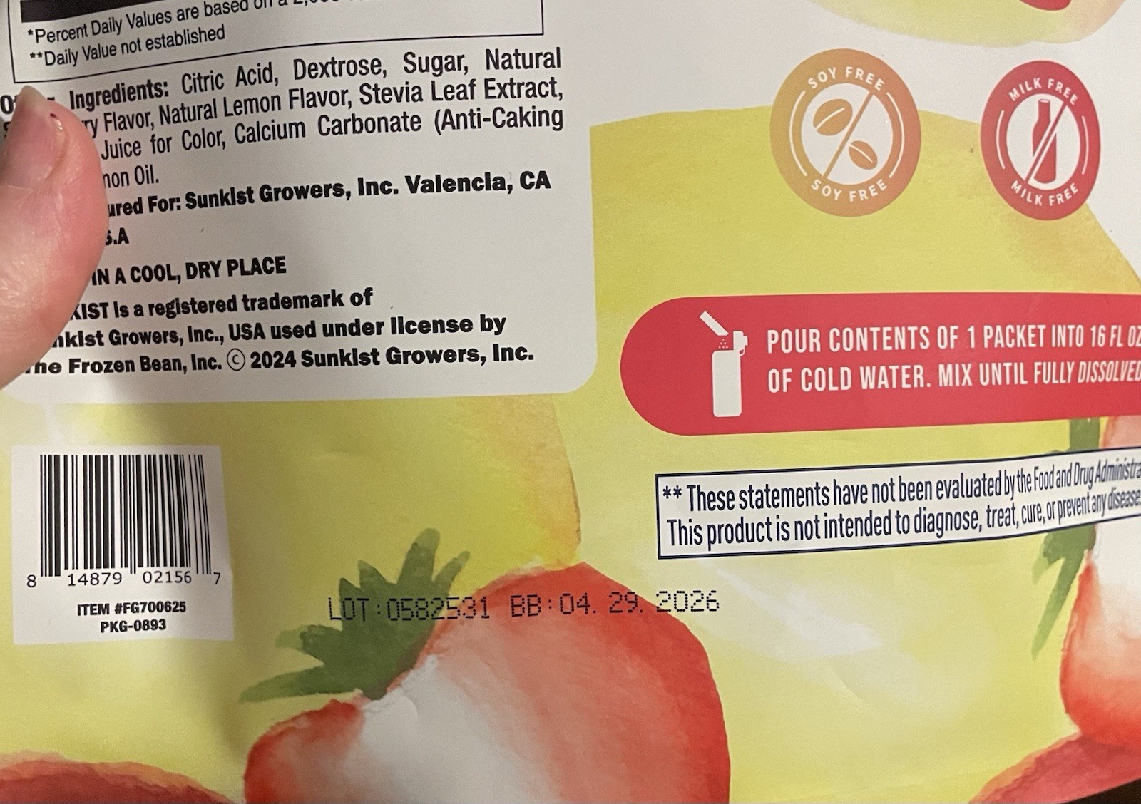SUNKIST COLLAGEN + HYDRATION STRAWBERRY LEMON ELECTROLYTE DRINK MIX 20 PACKS Z5