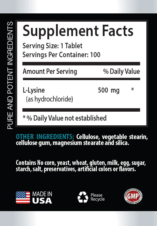 muscle growth – muscle recovery – L-LYSINE 500mg – Sports Nutrition – 100 Tablet