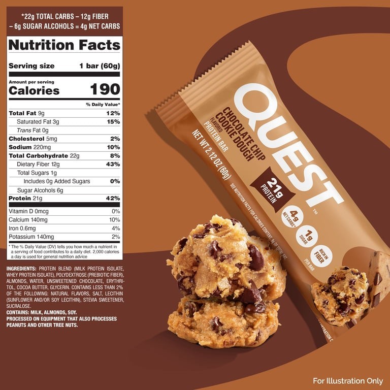 Quest Protein Bar Chocolate Chip Cookie Dough 21g Protein GF 2.12 oz 12 Pack
