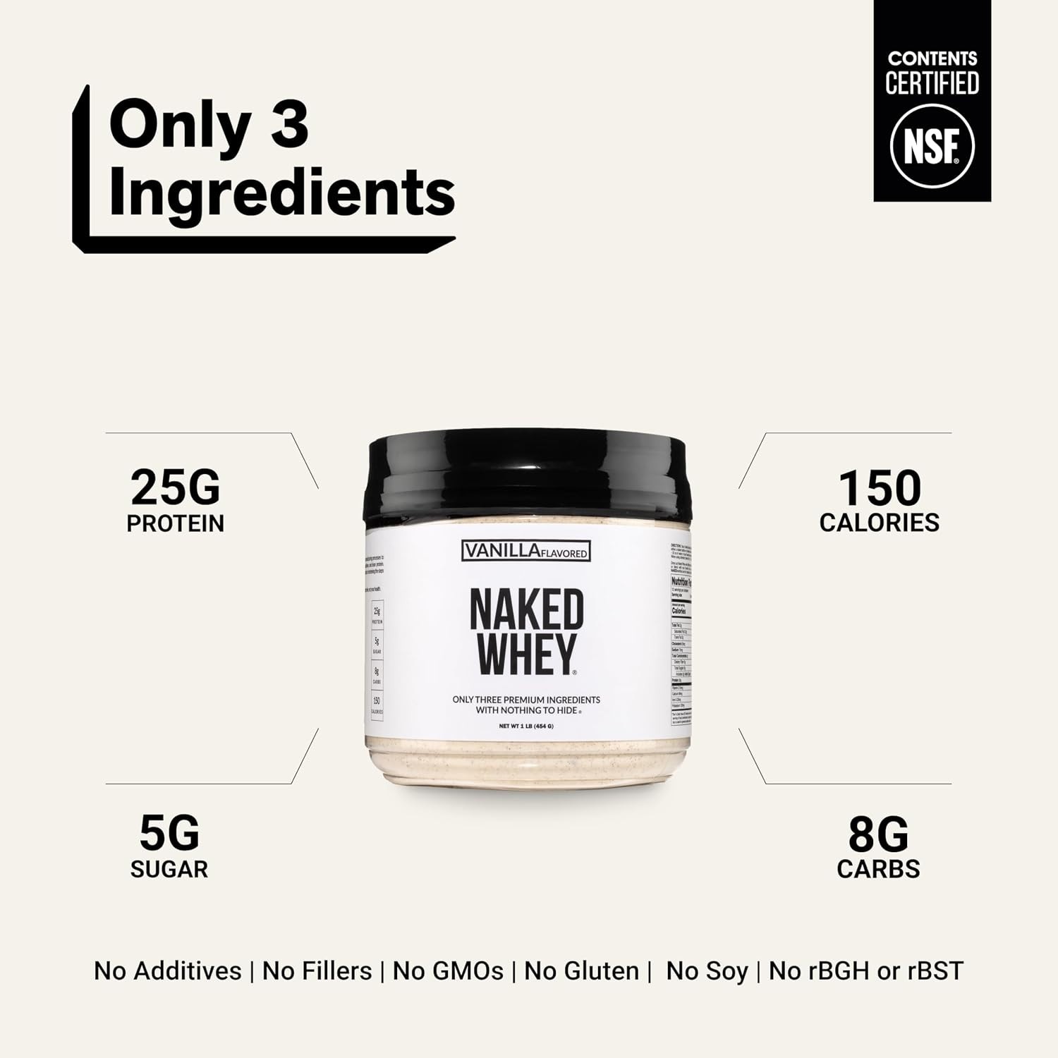 1Lb Vanilla Whey Protein Powder: 3-Ingredient NSF Certified Natural Supplement