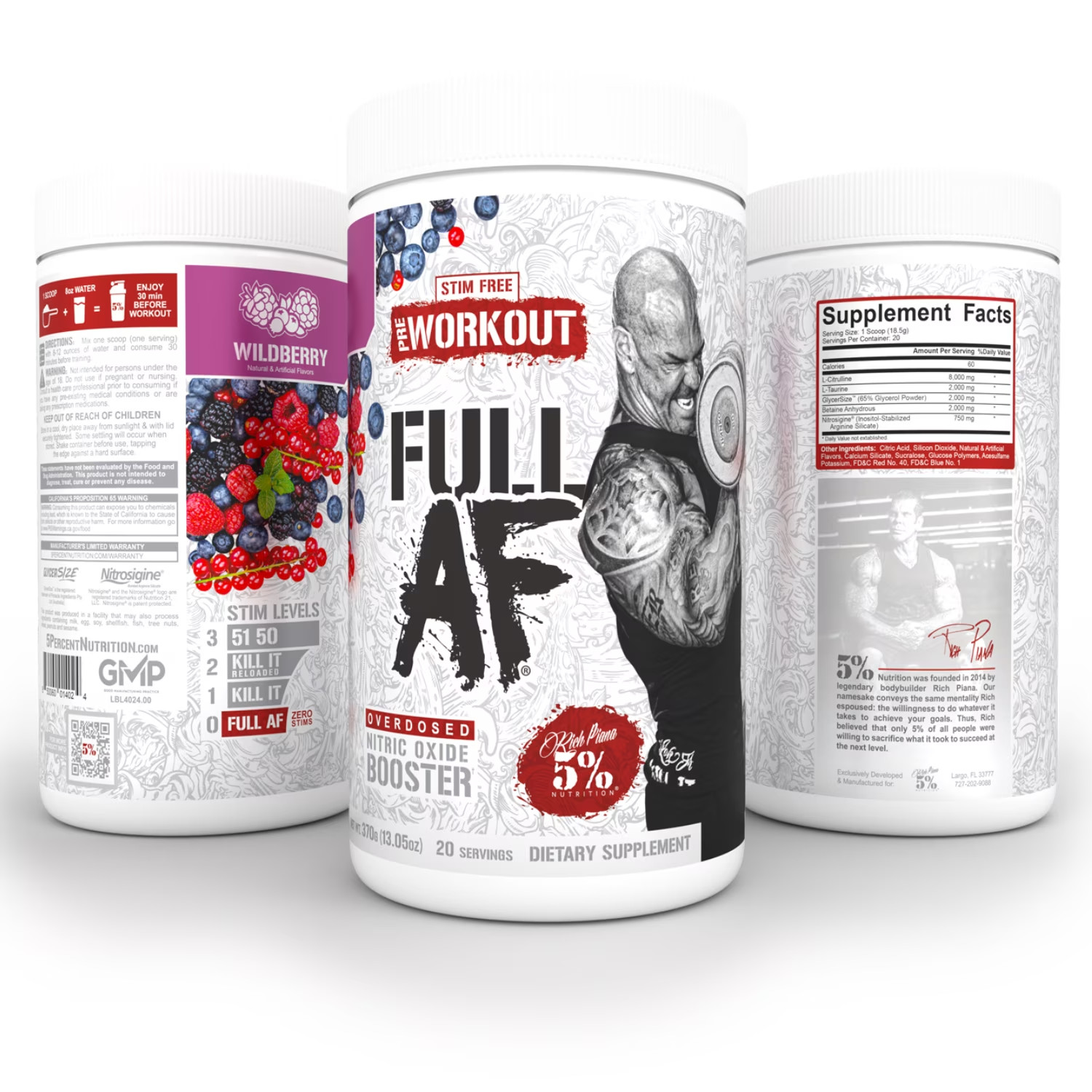 Full AF Pre-Workout Stim-Free Powder Supplement, Caffeine-Free Max Pumps, 20 Ser