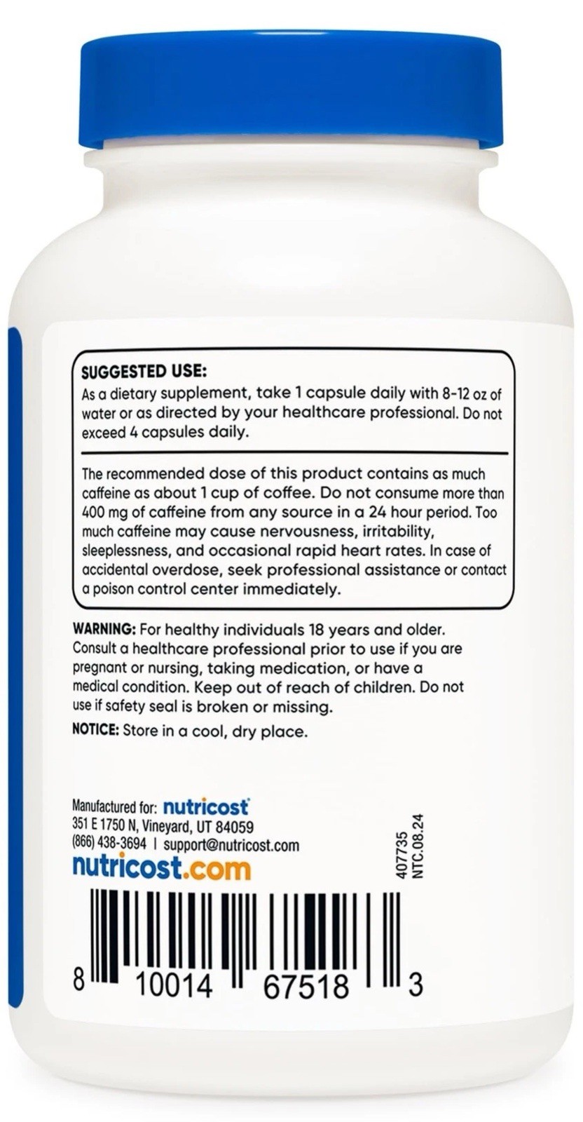 Nutricost Caffeine Pills 100mg Per Serving, 250 Capsules