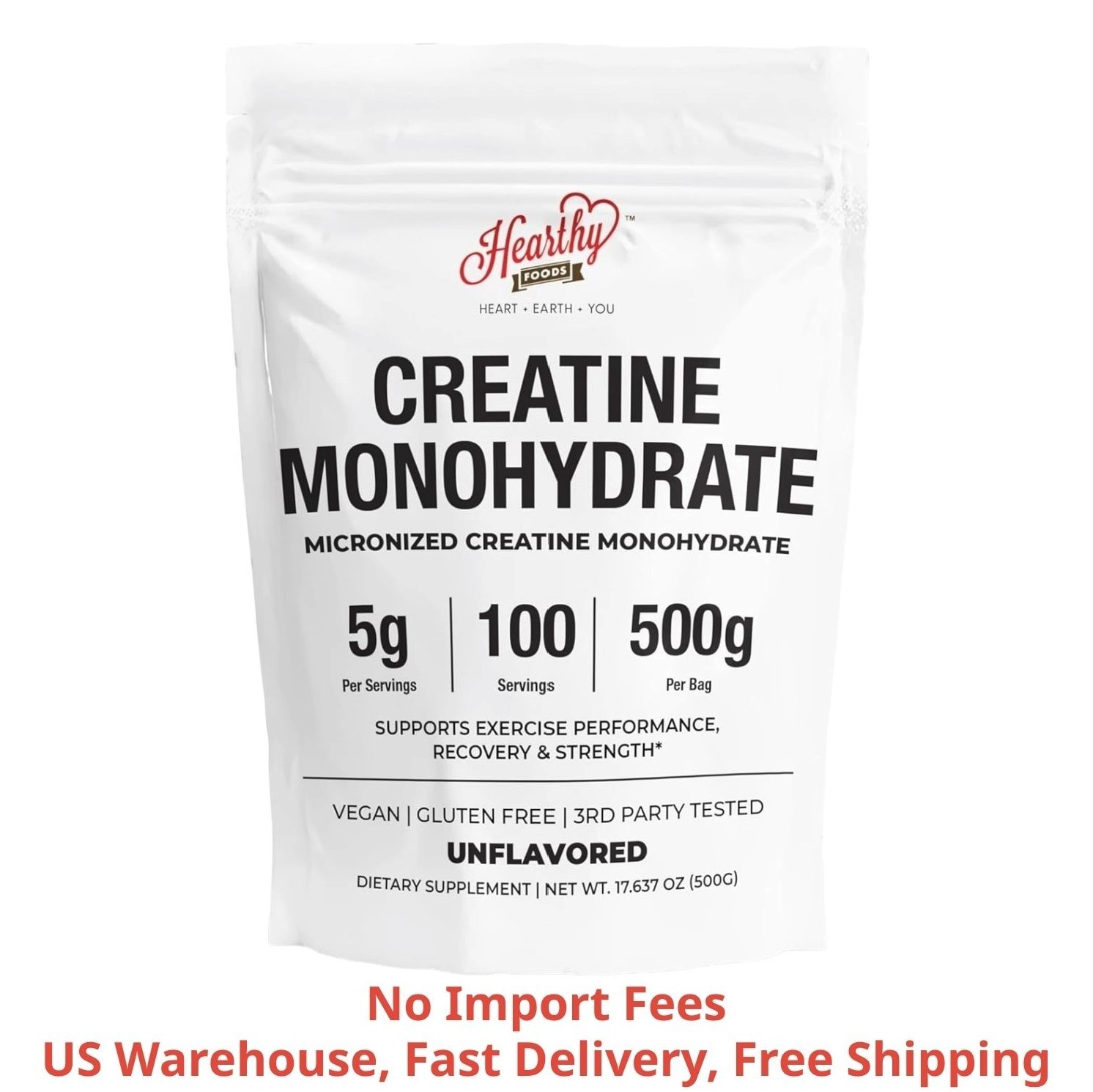 Monohidrato de Creatina en Polvo Micronizado 500 g, 100 Raciones, Sin Sabor