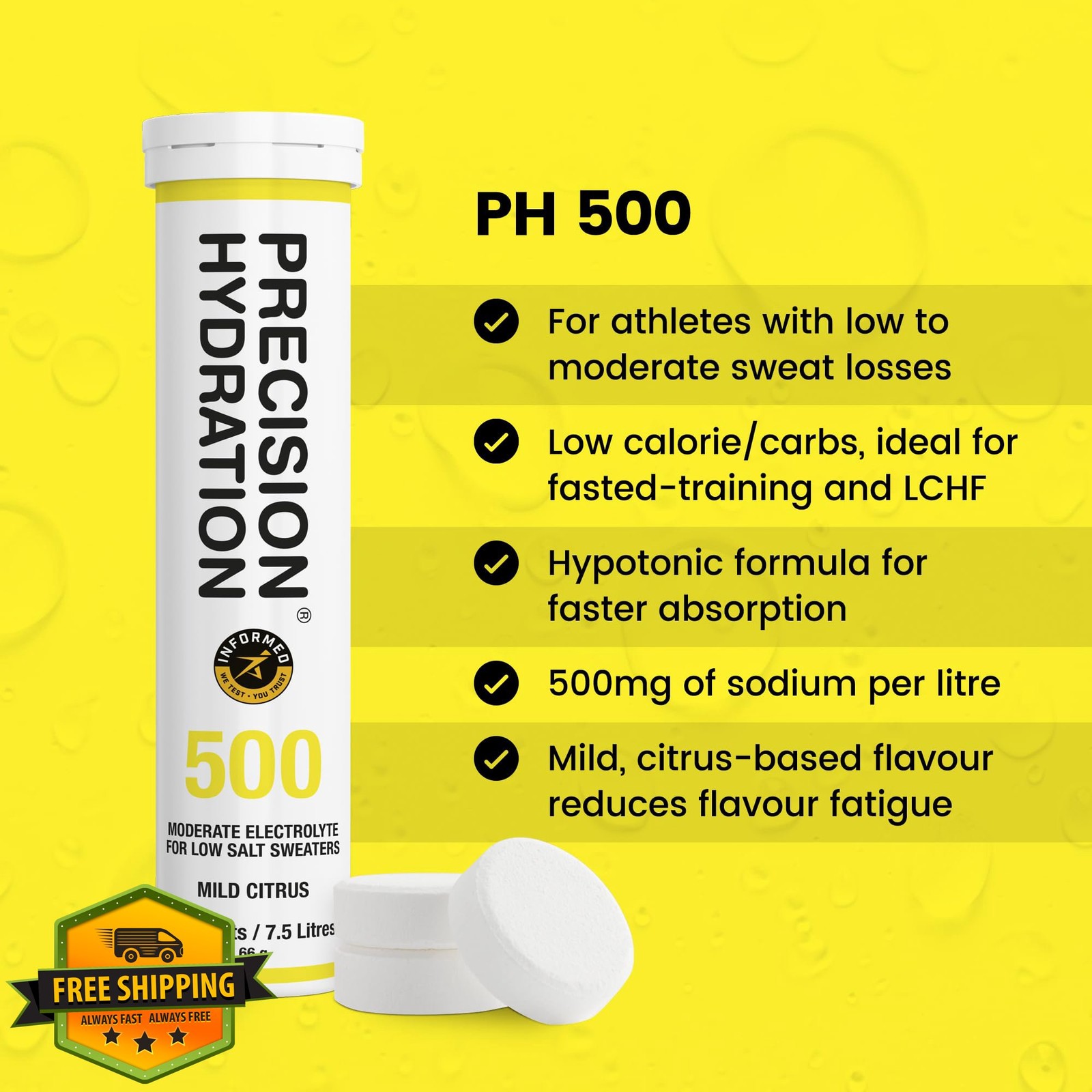 Precision Hydration Electrolyte Tablets, Yellow Tube, 500mg/L