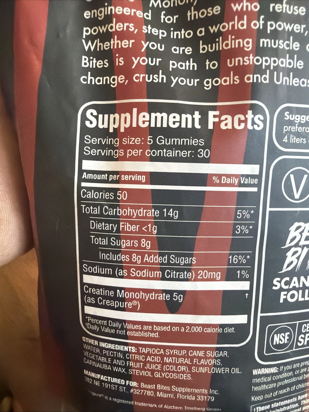 Beast Bites Creatine Monohydrate Gummies Hawaiian Fruit Punch 150 Count 5g