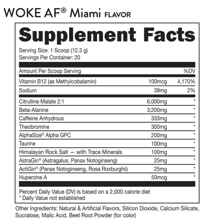 Bucked Up Woke AF Pre-Workout Powder 333mg Caffeine Miami 20 Servings