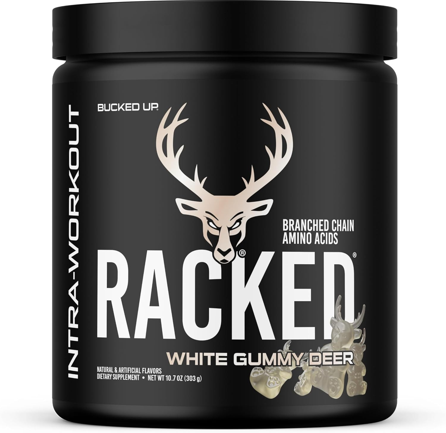 Bucked Up Racked White Gummy Deer BCAA Intra Workout Amino Powder 30 Servings.
