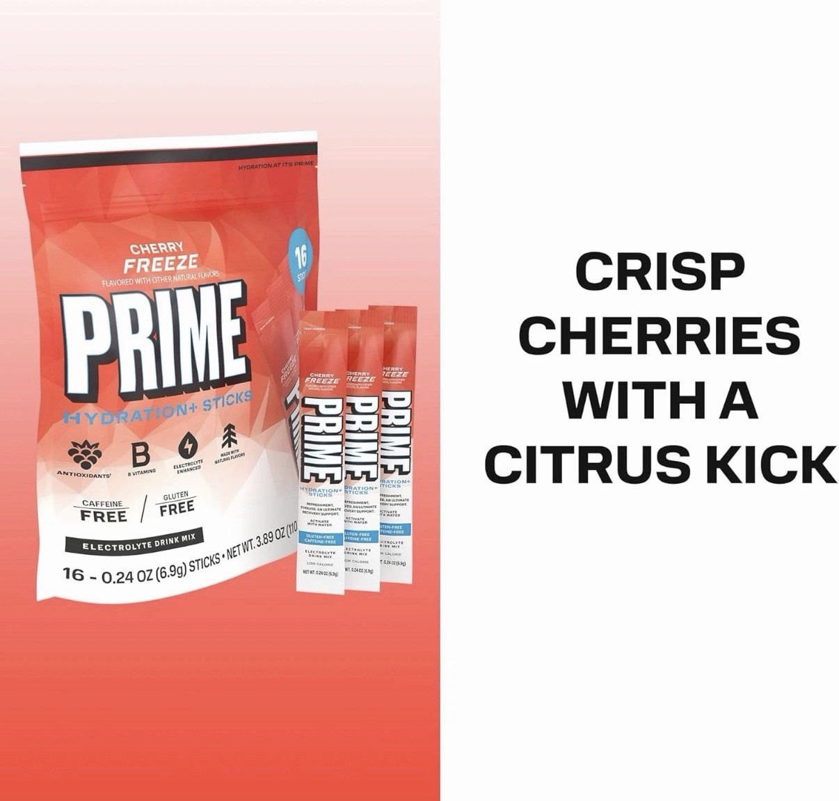 PRIME Electrolyte Hydration Powder Mix 16 Sticks Caffeine-Free Cherry Freeze