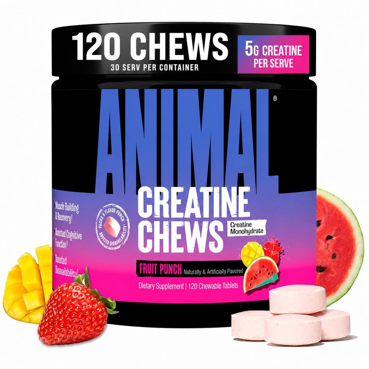 Animal Creatine Chews Tablets – Enhanced 120 Count (Pack of 1), Fruit Punch