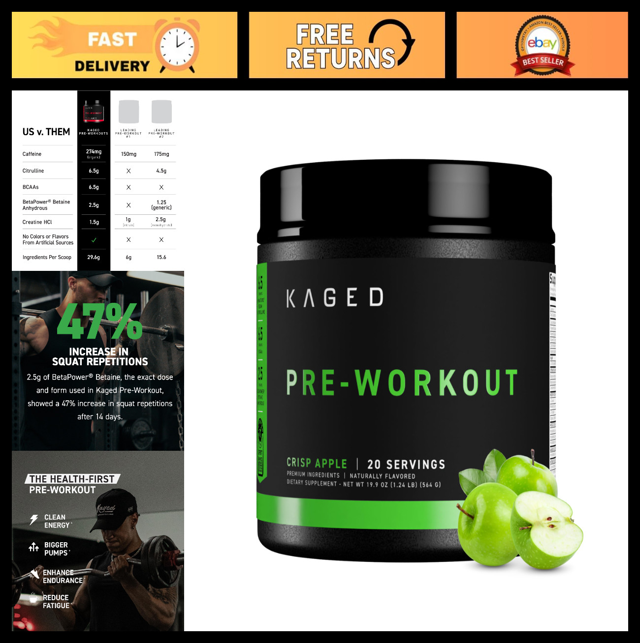 Pre Workout Powder – Krisp Apple Flavor, Creatine, Beta Alanine, Natural Caffein