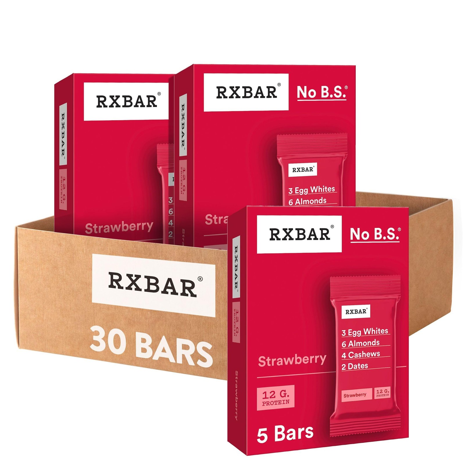 Rxbar Protein Bars 12G Protein Gluten Snacks Strawberry 6 Boxes 30 Bars
