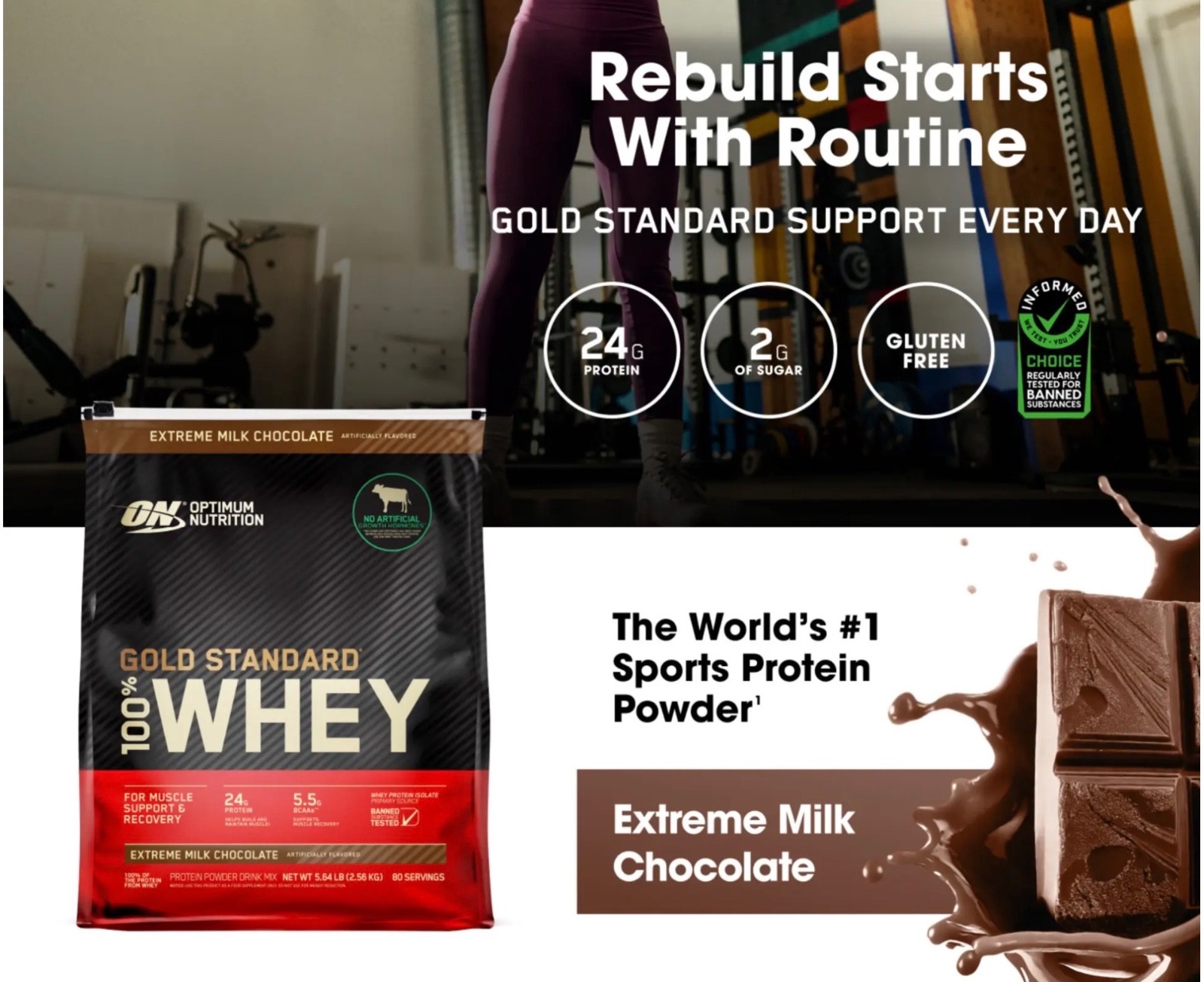 100% Whey Protein, Optimum Nutrition Gold Standard, 80 Servings, 24g Protein