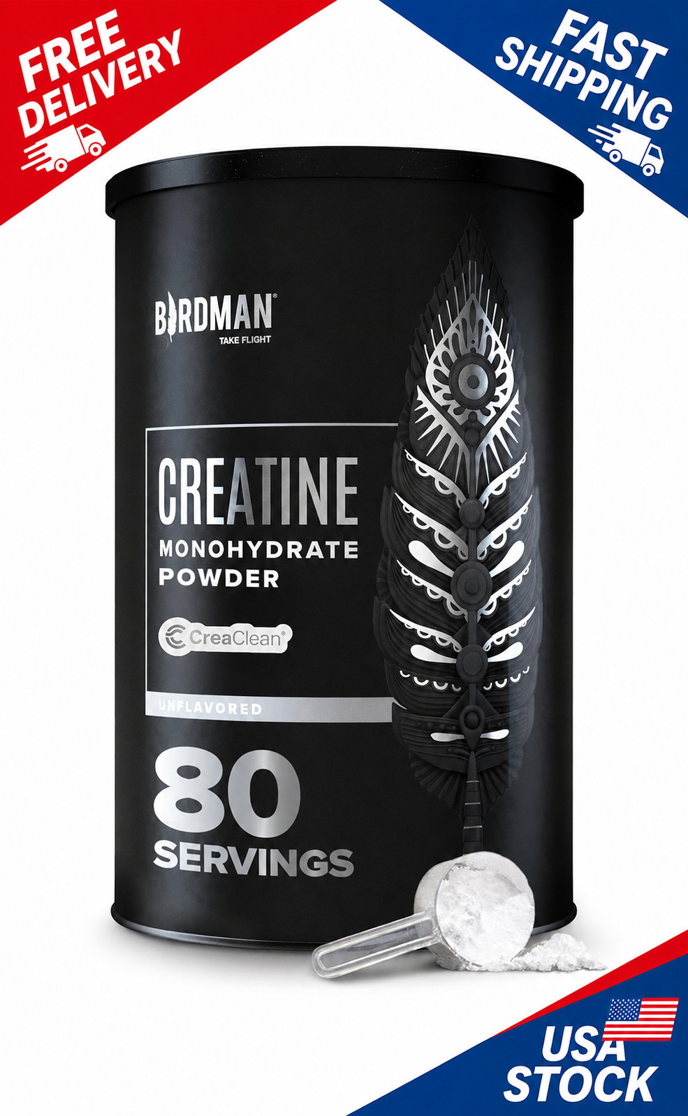 BIRDMAN Micronized Creatine Monohydrate Powder, Organic, Muscle Recovery, Caffei