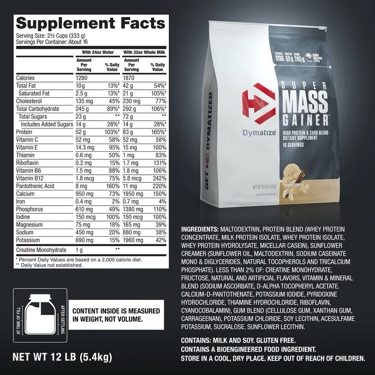 Dymatize Super Mass Gainer High Protein Powder, Gourmet Vanilla, 12 lb