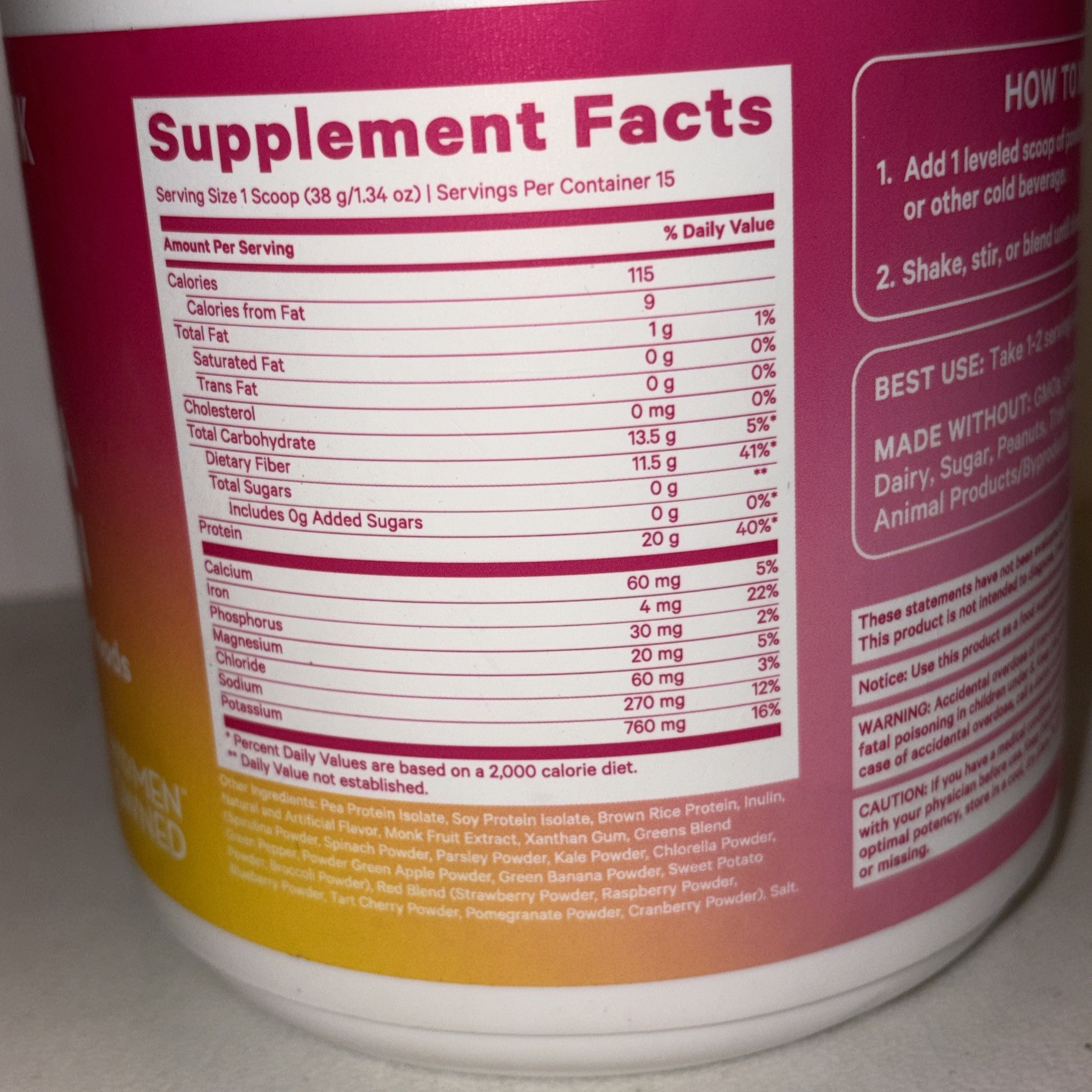 Pink Stork Plant Based Vanilla Protein 15 Servs 20oz Exp4/28 Fiber, Superfoods