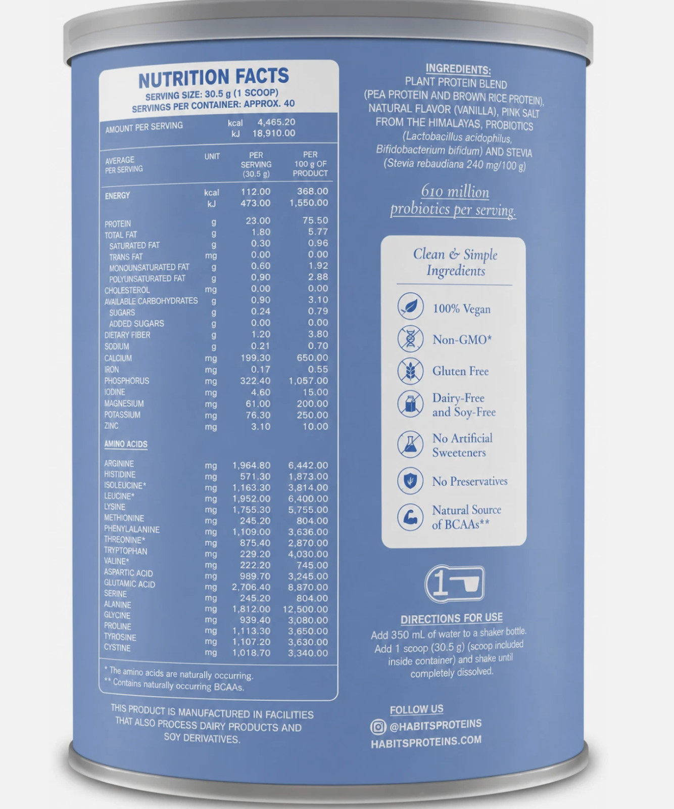 HABITS Vegan Protein Powder Vanilla 1.22kg Plant-Based Protein Blend