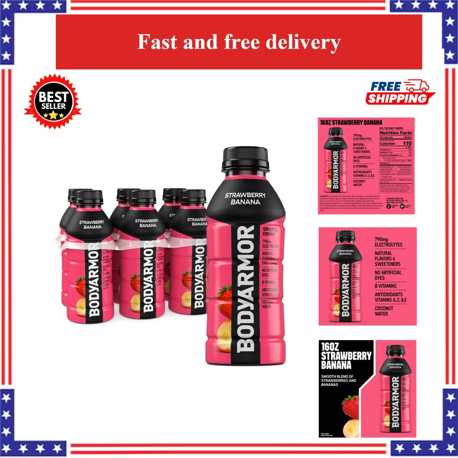 BODYARMOR Sports Drink Strawberry Banana 16 Fl Oz Bottles 6 Pack