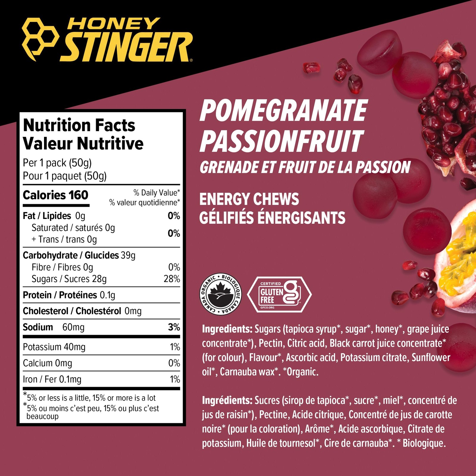 Honey Stinger Organic Pomegranate Passionfruit Energy Chew, 12 Count, Red