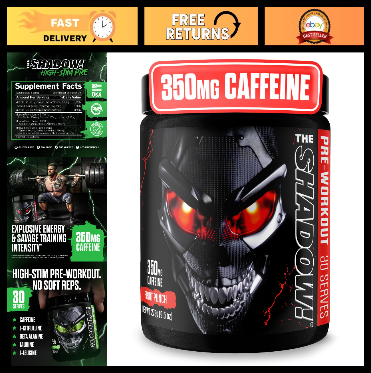 Strong Pre Workout Powder, High Stim Energy Booster, 350mg Caffeine, Fruit Punch