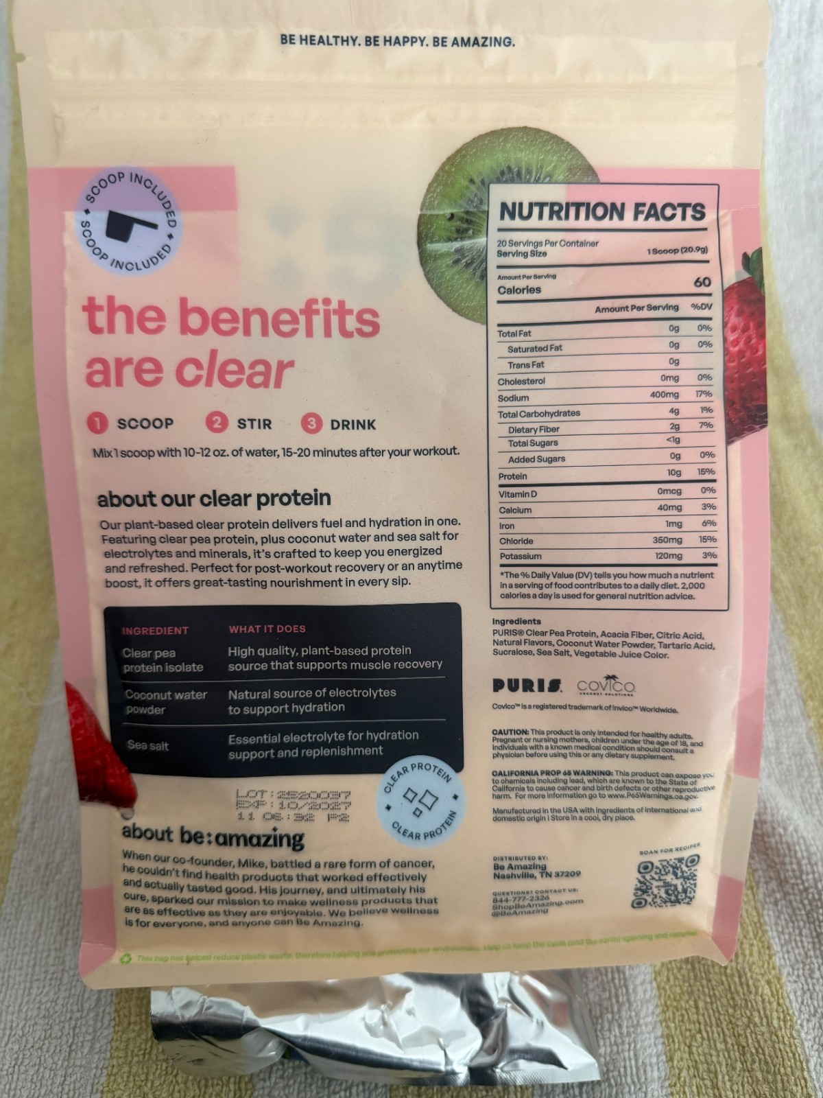 be amazing Clear Protein Vegan Dairy Free Strawberry Kiwi Powder 20 Serv 14.74oz