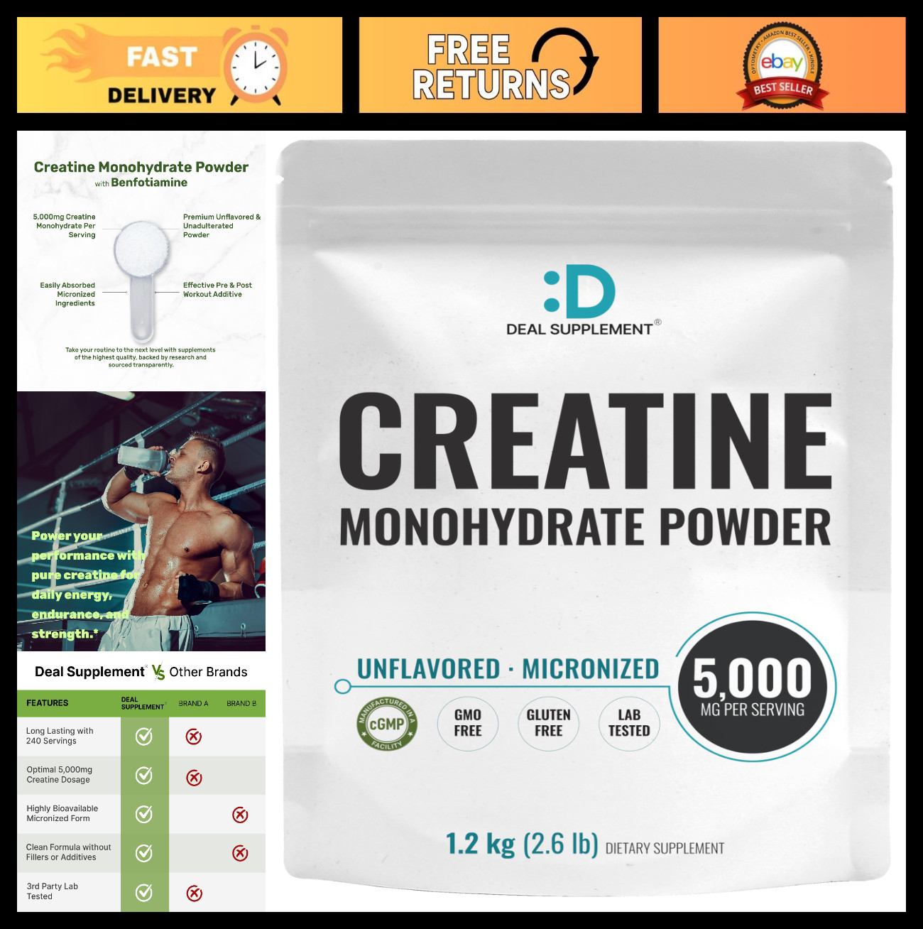 Micronized Creatine Monohydrate Powder, 5g/Serving, 240 Servings – Vegan, Keto,