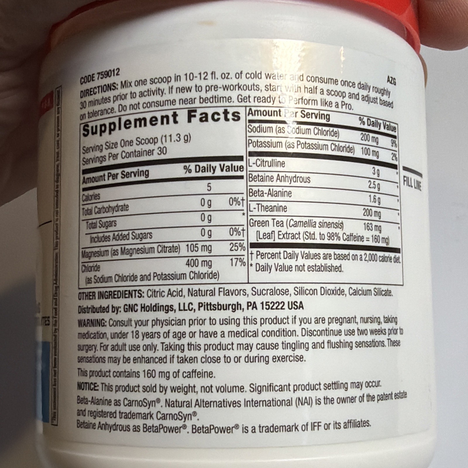GNC Pro Pre-Workout Blue Raspberry 30 Servings Natural Caffeine 160mg 03/2027