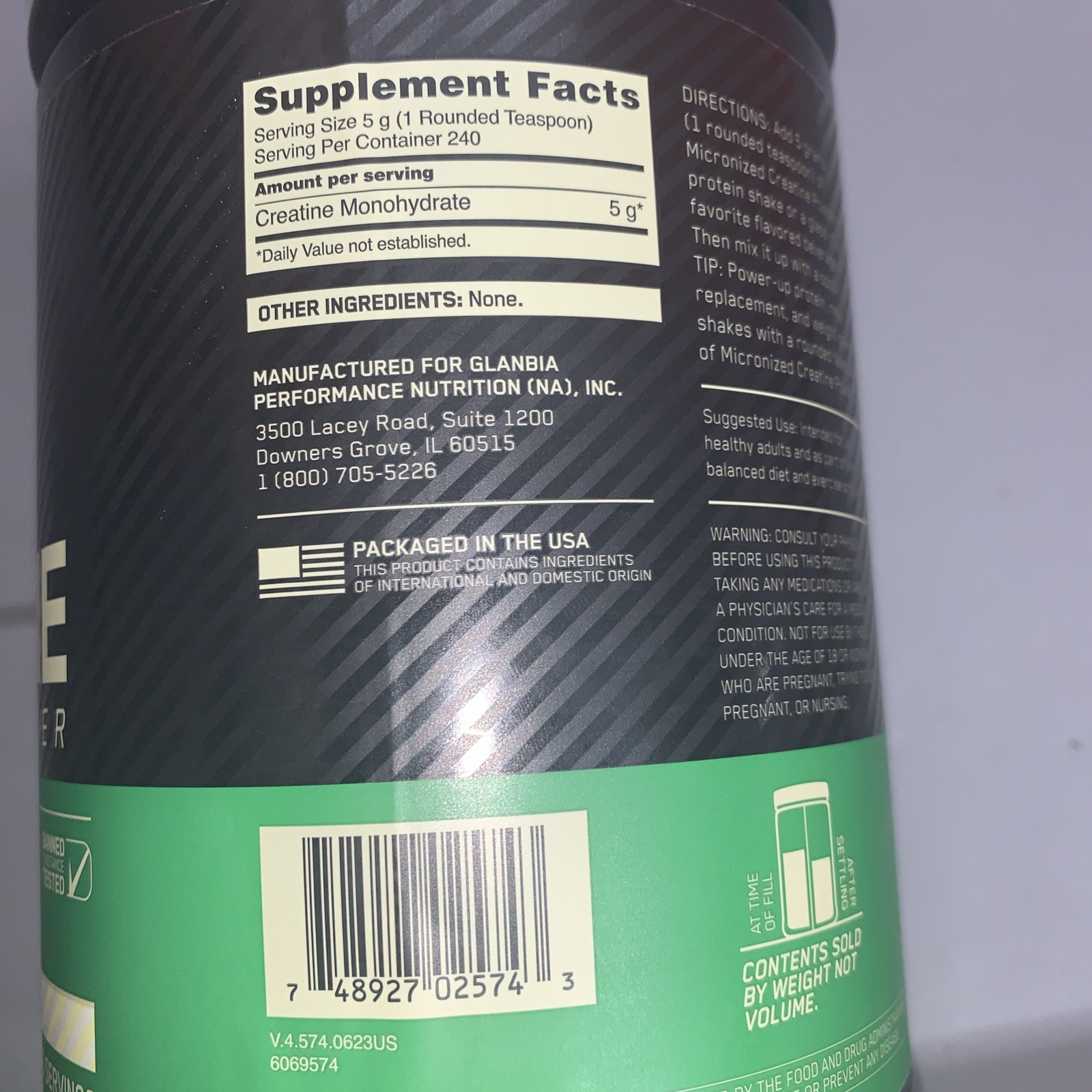 Optimum Nutrition Micronized Creatine Monohydrate Unflavored 240 Serv. EXP 01/28