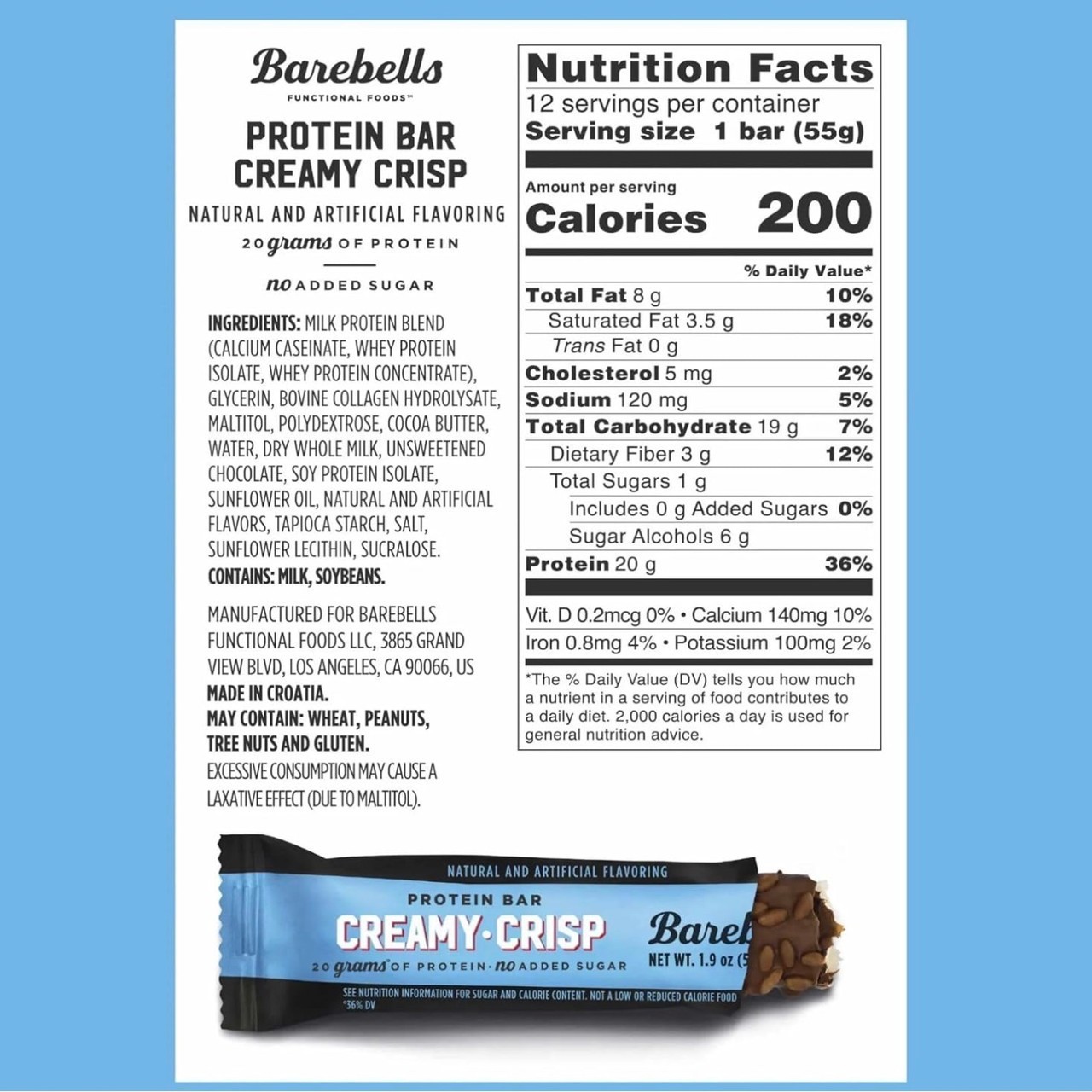 BAREBELLS PROTEIN BARS – CREAMY CRISP – 24CT